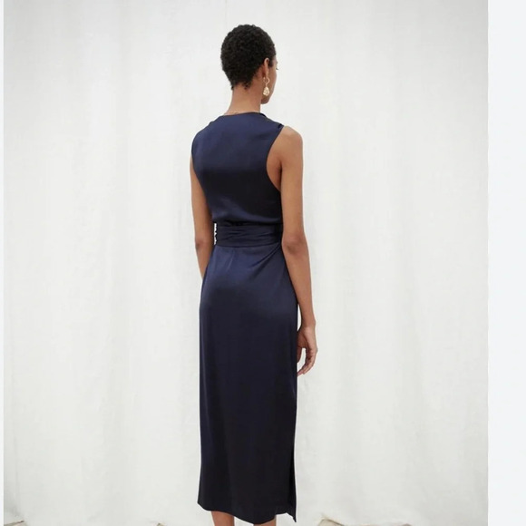 Nanushka Shanti Knot Detail Satin Midi Dress Sleeveless Wrap Navy Blue Size S - Picture 4 of 14